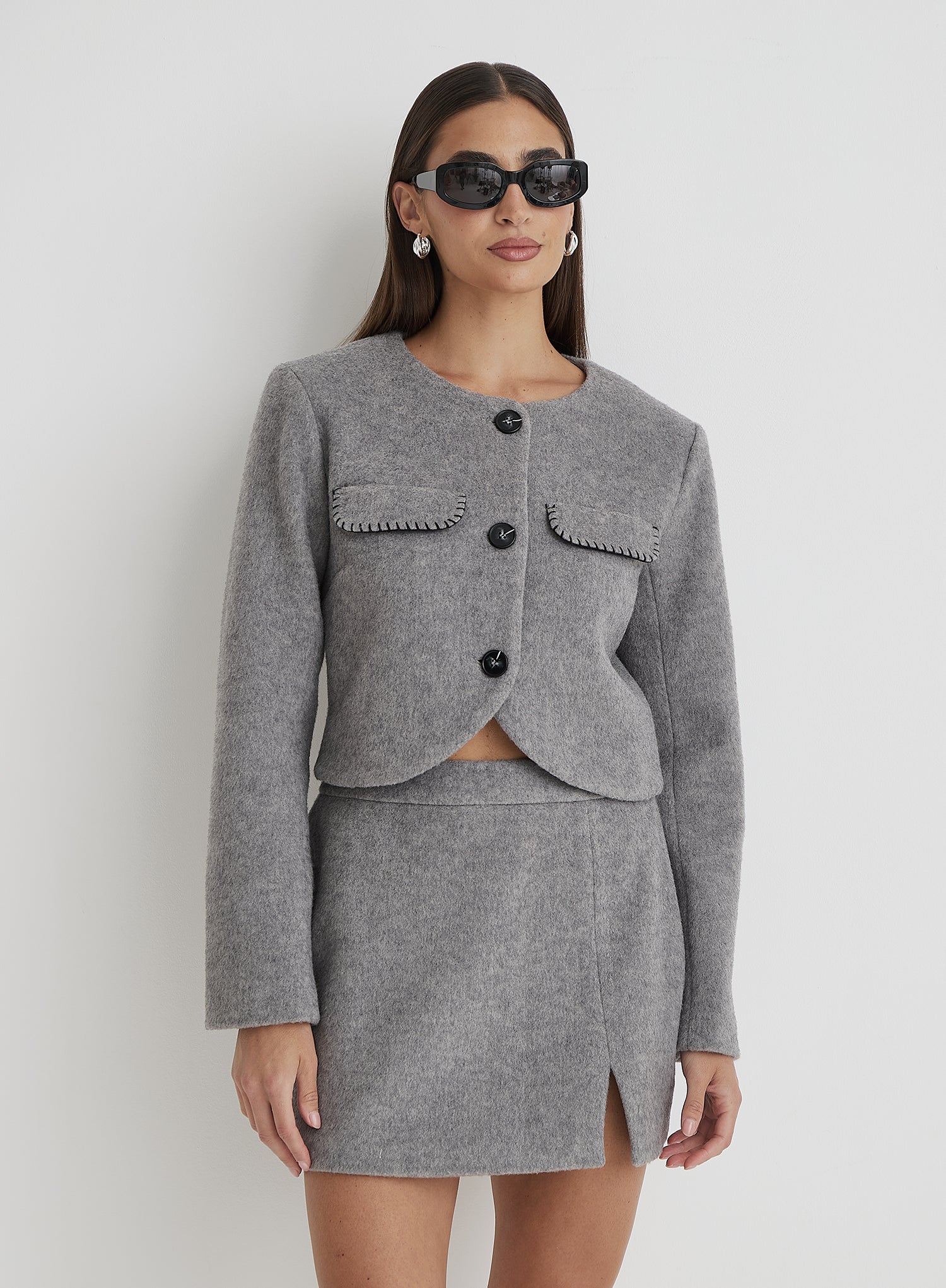 Grey Wool Contrast Pocket Cropped Jacket